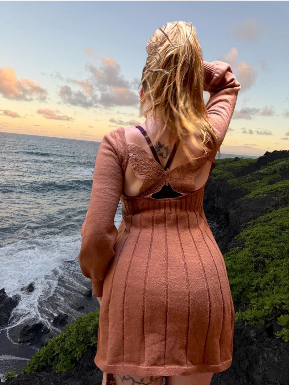 M/L Orange Rust Knit Back-Cutout Butterfly Sweater Dress - Women's